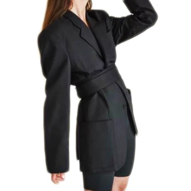 
2020 New Design Wholesale Custom Ladies Black Casual Suit Oversized Women Blazer with Belt Detachable 
