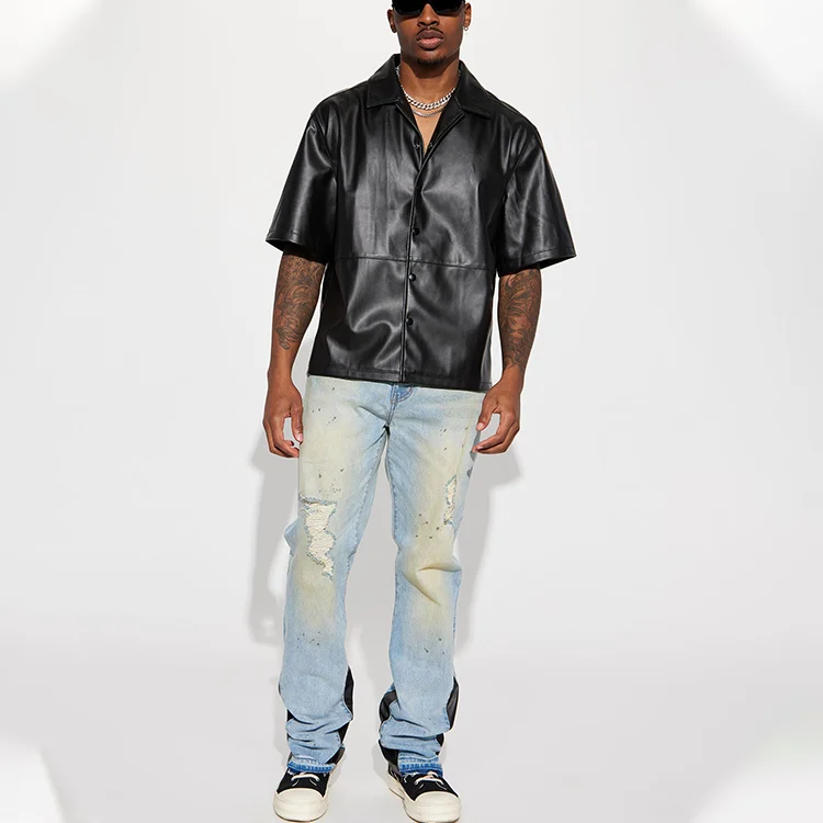 Black Summer Custom Logo Men Blank Faux PU Leather Short Sleeve Button Up Shirts
