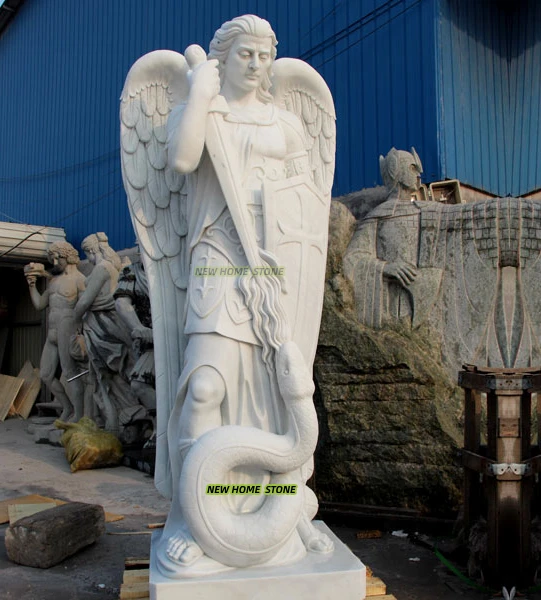 Church White Marble Hand Carve Customize Saint St. Michael Garden Angel Sculpture Marble Archangel Statue
