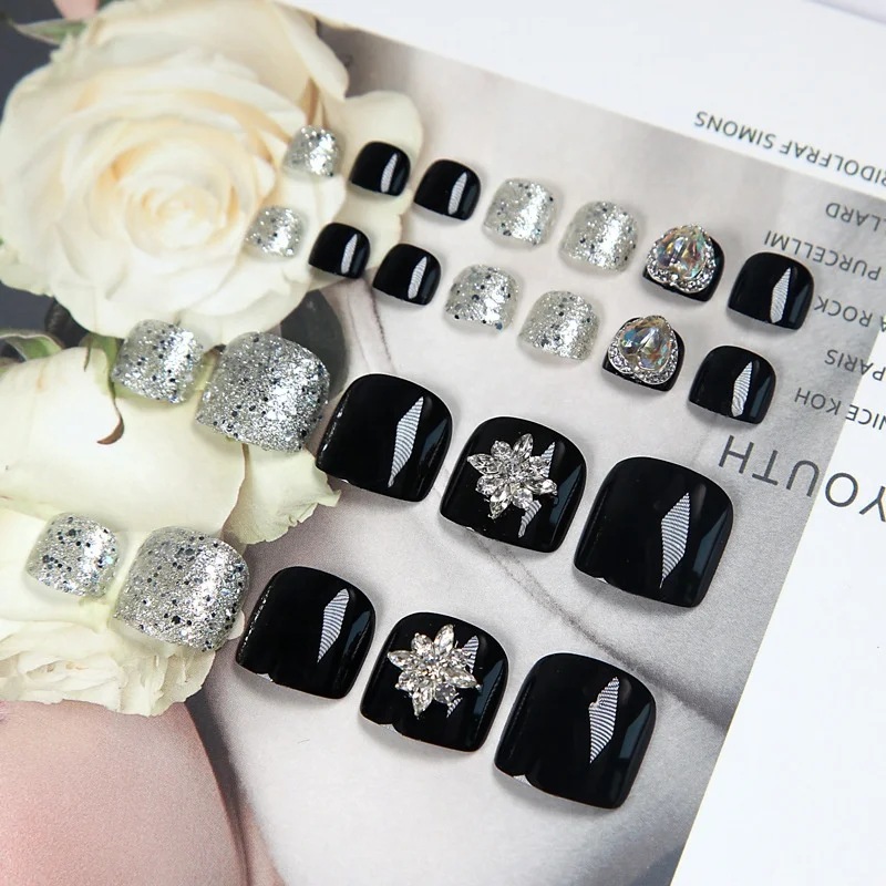 Melason New Black 24 Pieces Short Artificial Full Curved Toe Nail Sticker Tips With 2g Free Ecofriendly Waterproof Nail Glue