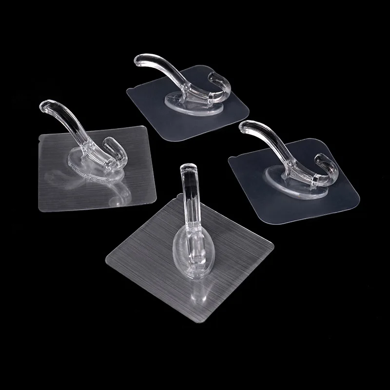 Silver Color Punch-Free Wall-Mounted Hooks Adhesive Row Transparent Wall