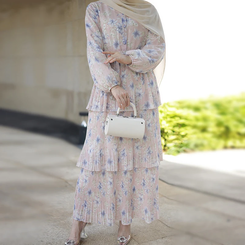 2023 Latest islamic women clothes modest dress long sleeve printed chiffon three layer muslim women dress