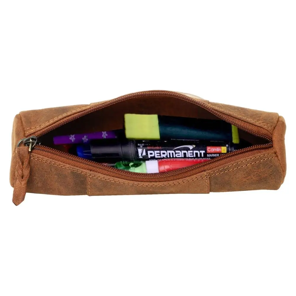 
Custom genuine leather pencil pouch zippered pen case for school work & office pencil cases for teens 