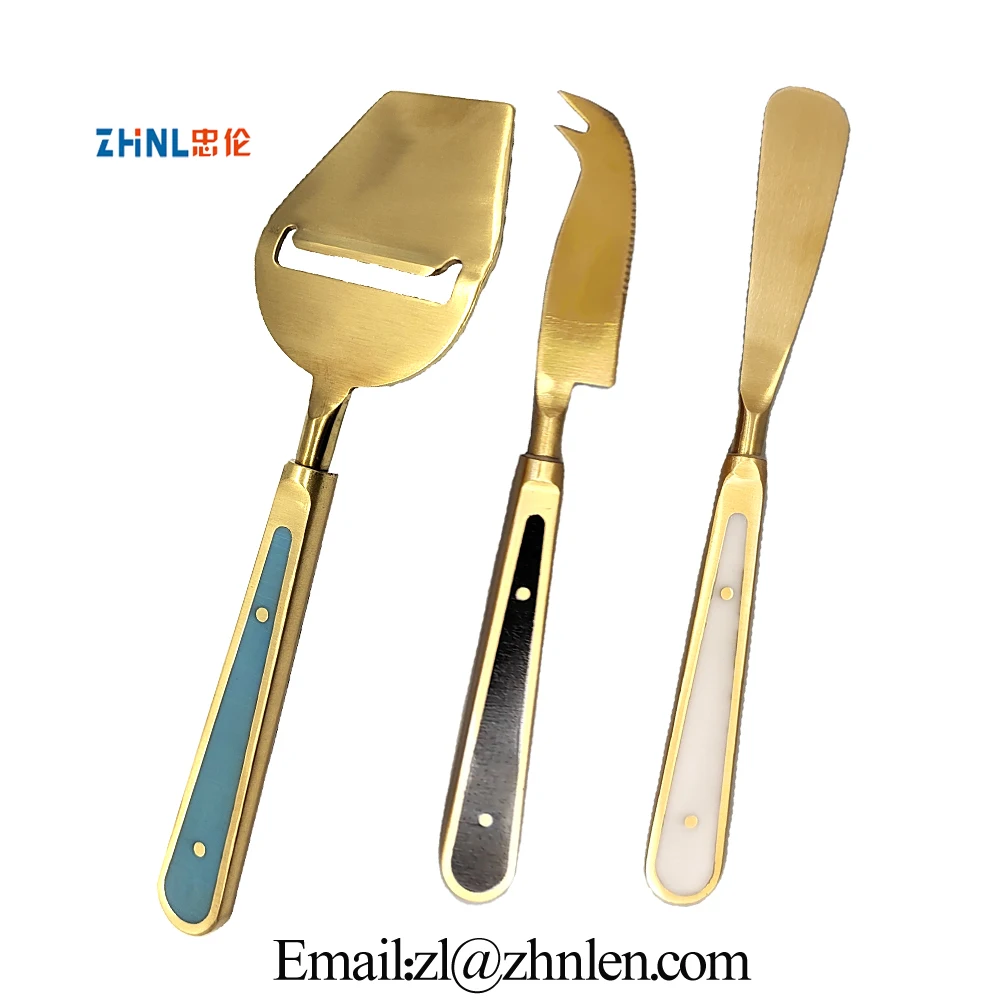 OEM Premium Stainless Steel Brass Kitchen Cheese Knife Set Speader Cheese Plane Cheese Knife with Prong and Resin handle
