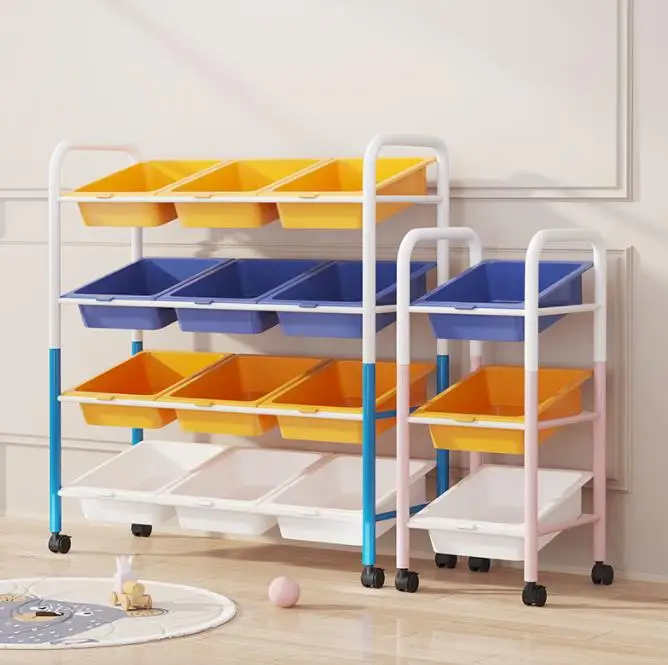 Colorful Smiley Design Children Playroom Decor Doll Rack Shelf Plastic Bins Box Mobile Kids Toy Storage Organizer Rolling Cart