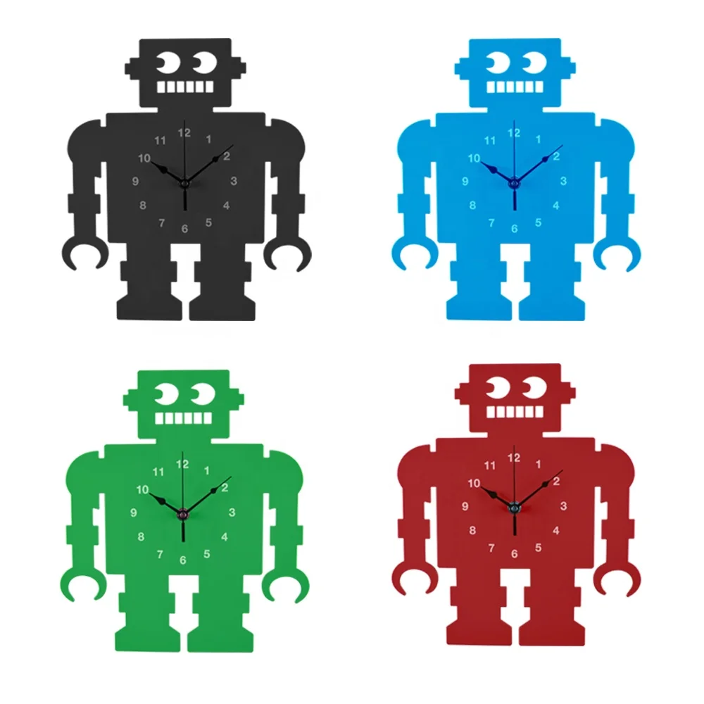 Decorative Cartoon Robot Silhouette Plastic Wall Mounted Clock Kid Gift MDF Robot Clock For Selling Toy Wall Clock
