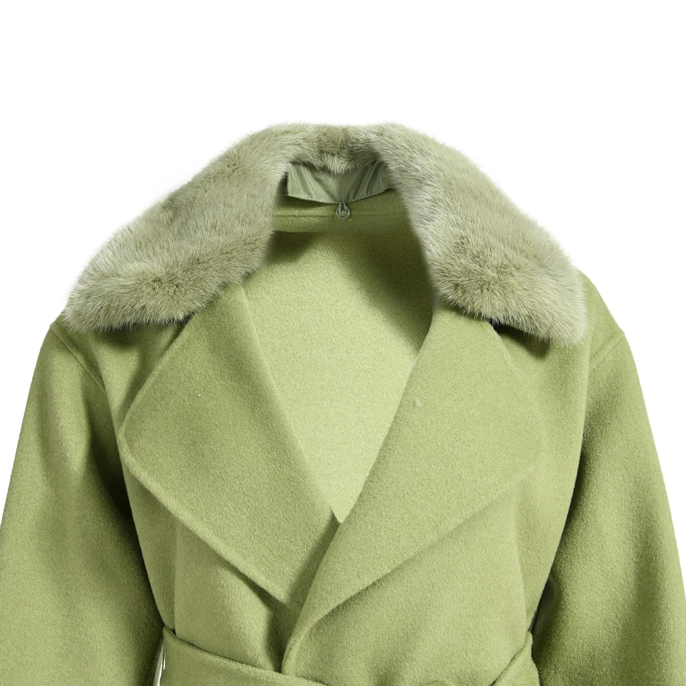 Hot Sale High Quality Warm Thick Cashmere Coat With Real Mink Fur Collar Wholesale Winter Long Wool Coat Women