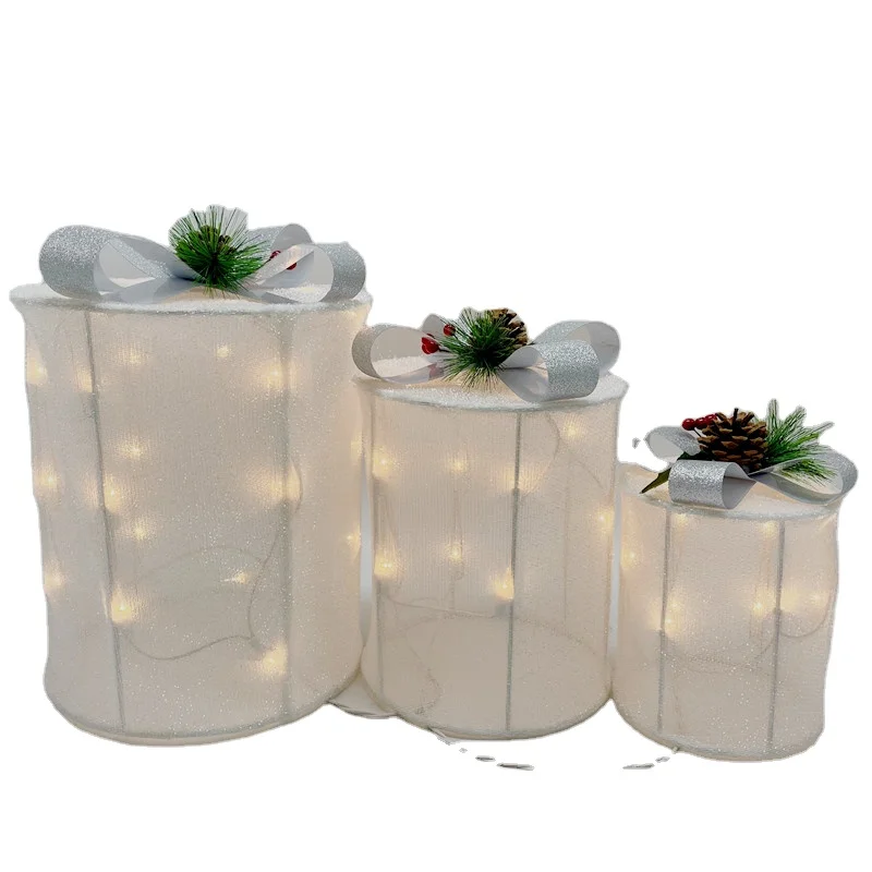 UL Certificate Set Of 3 Christmas Cylindrical Gift Box Lights Outdoor Lighted Up Fabric Present For Home Yard Waterproof
