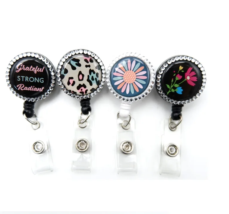 Custom Retractable Metal yoyo badge reel id card holder Nurse ID Felt rhinestone badge reel lanyard clip