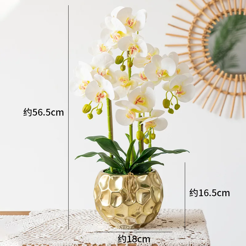 Artificial White Phalaenopsis Orchid Flower Arrangements Faux Orchid Flower in gold Pot Orchid Centerpiece