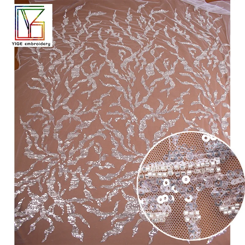 New arrivals white Polyester Tulle luxury machine beaded fashion Sequins embroidery knitting lace fabric wedding dress