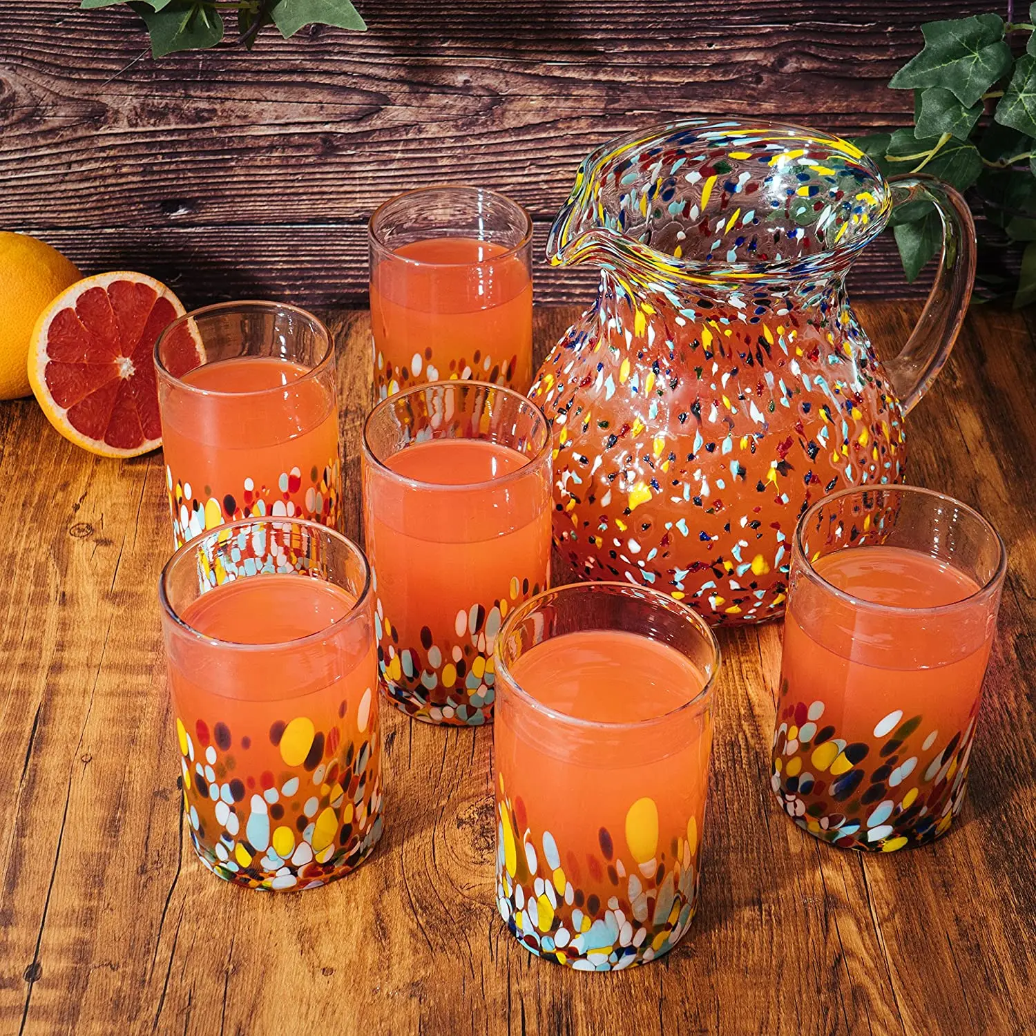16 Ounces Hand Blown Mexican Drinking Glasses Set of 6 Confetti Carmen Rock Design Glasses