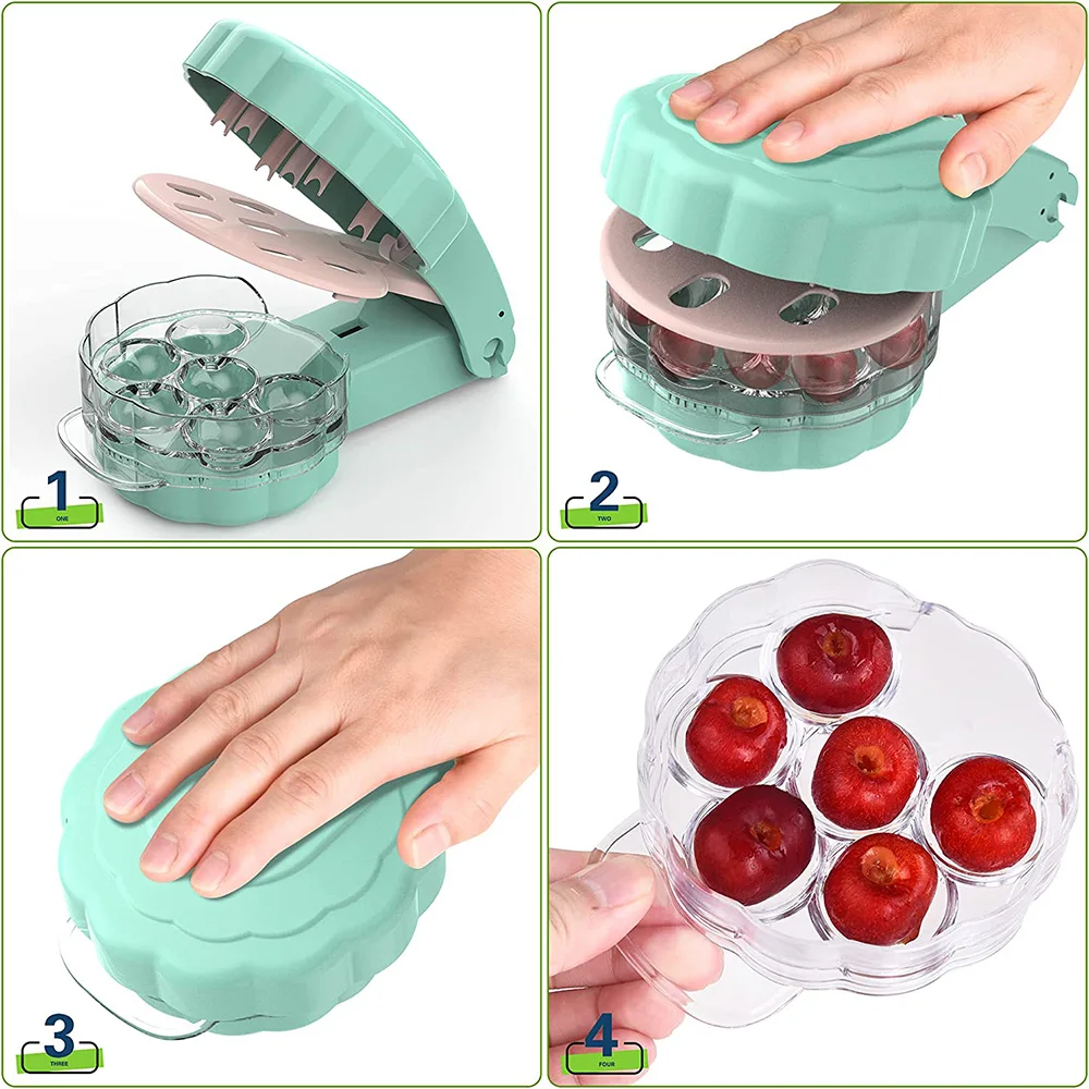Cherry Pitter - Professional Olive Pitter Tool, Cherry Stone Remover with Pit and Juice Container, 6 Cherries At Once