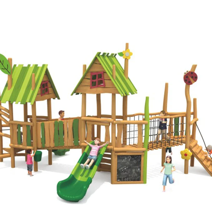 kids wooden playground kids playground equipment outdoor  slide climbing stair roof plastic rope  amusement park zoo outdoor