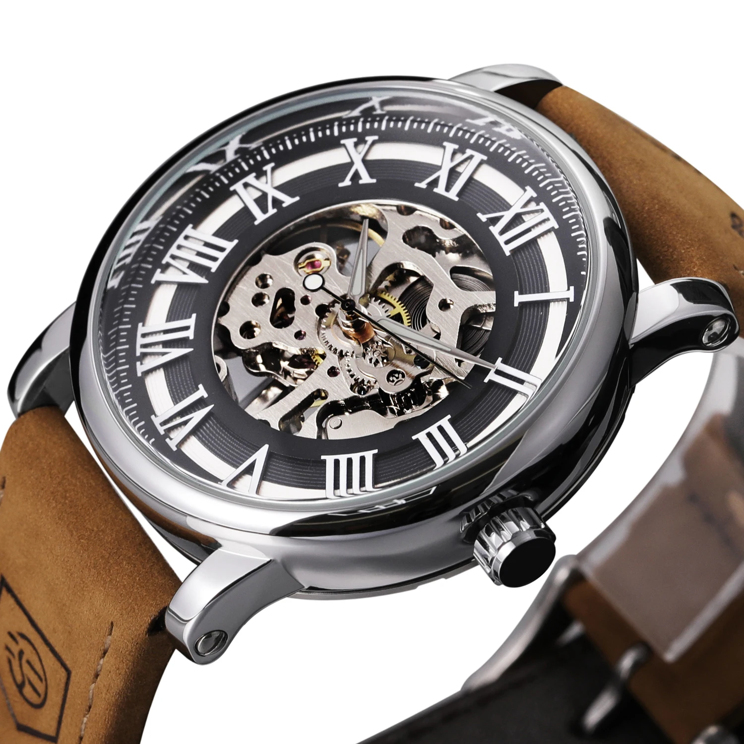 Mechanical watch FORSINING Round Hollow Manual Mechanical Watch Night Light Pointer Roman Leather Watch Casual