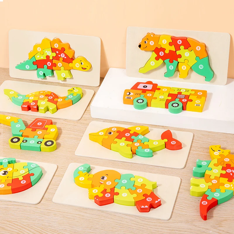 New design Montessori 12 style wooden 3D Dinosaur Car puzzle board Animal Learning Puzzles Game