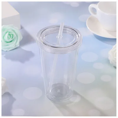 Reusable 12oz 16oz 24oz Plastic water bottle double walled acrylic skinny tumbler with straw and lid clear tumbler
