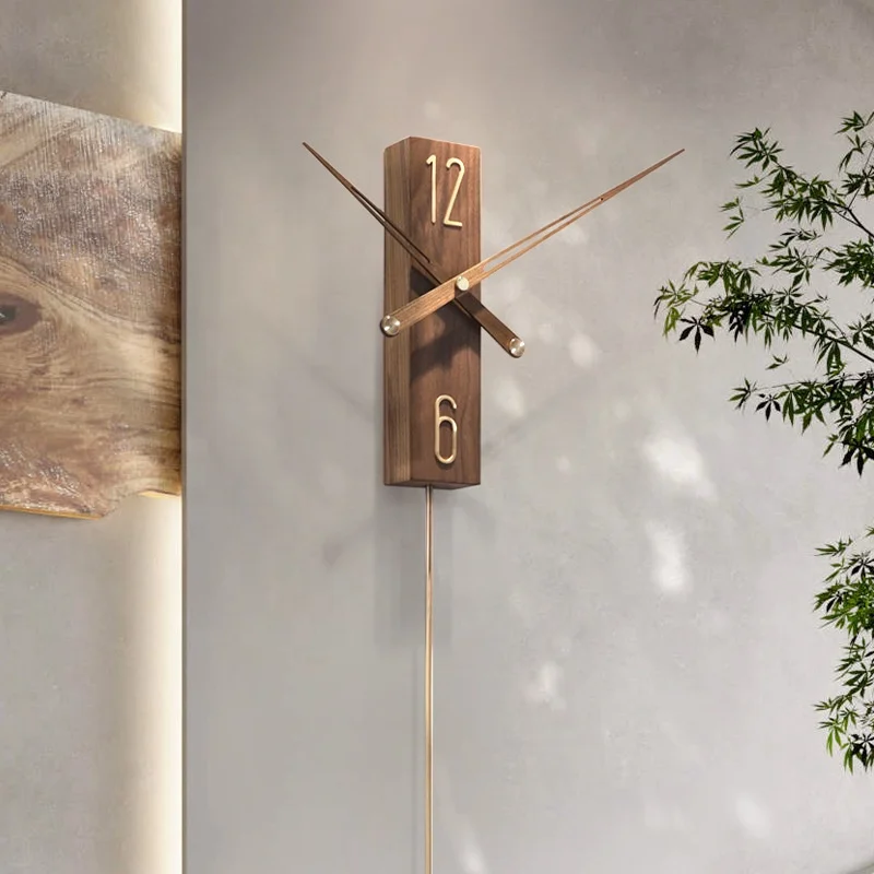 modern simple style home decor wall clock solid wood with copper pendulum art for living room bed room dinning room wall decor