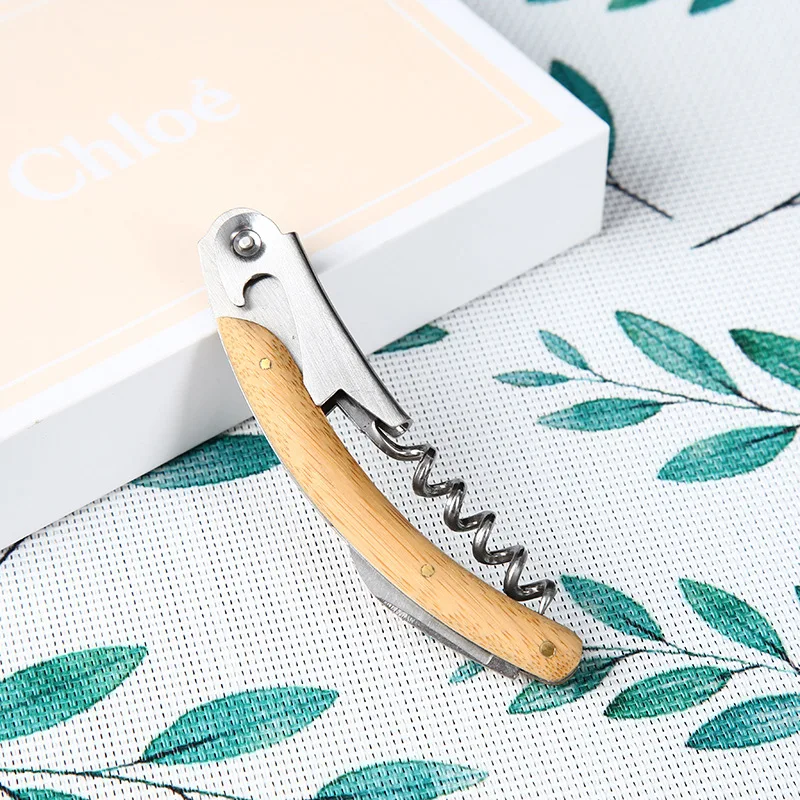 Professional 4 In 1 Wood Bamboo Beer Wine Sommelier Corkscrew With Foil Cutter