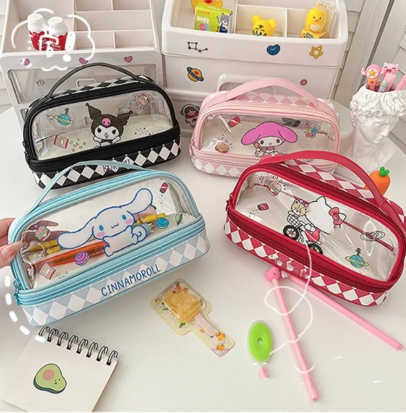 Japanese Kuromi Melody Large Capacity Double Layer Pen Bag Three-dimensional Pu Leather Storage Pen Bag