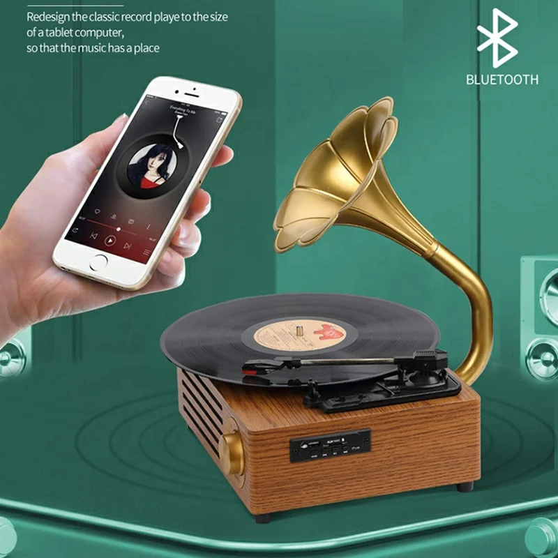 Custom Wooden Phonograph Music Box Retro Vinyl Turntable Record Player Built-in 3 Speakers