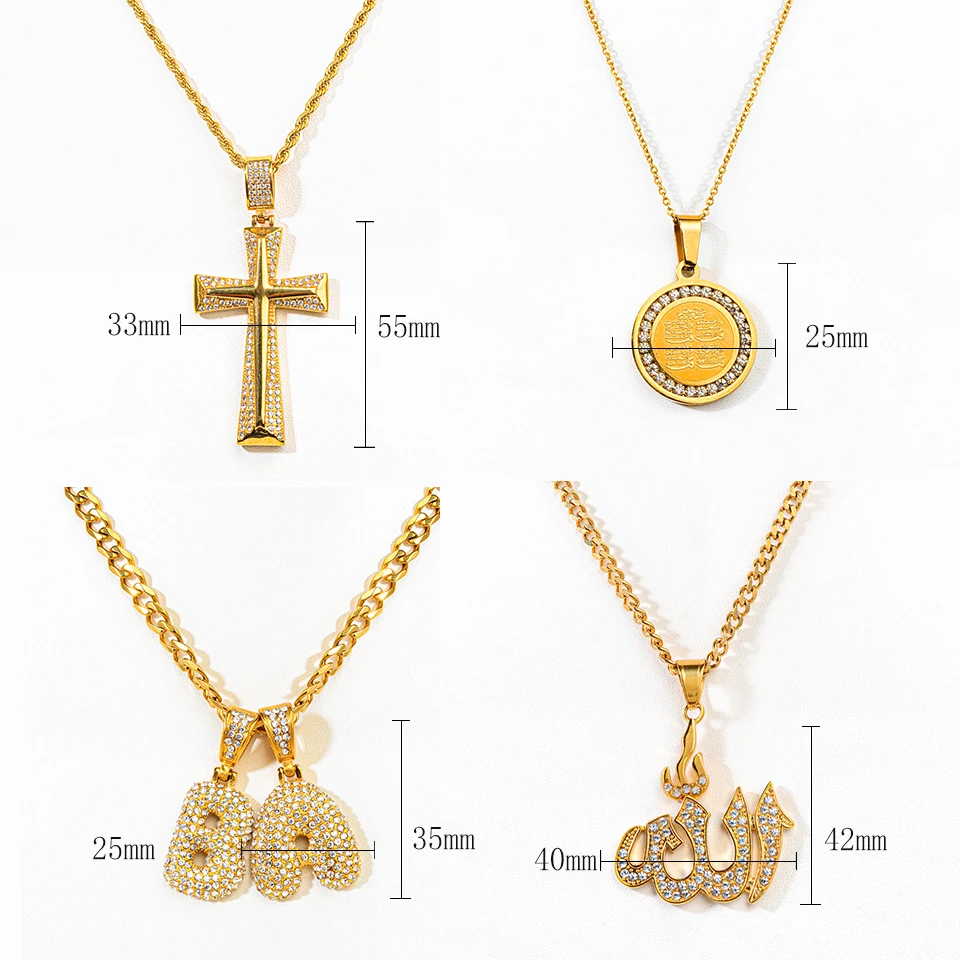 Hip Hop Pendant Jewelry 18K Gold Plated Stainless Steel Micro Pave CZ Cross Letter Islamic Allah Pendant Necklace for Men
