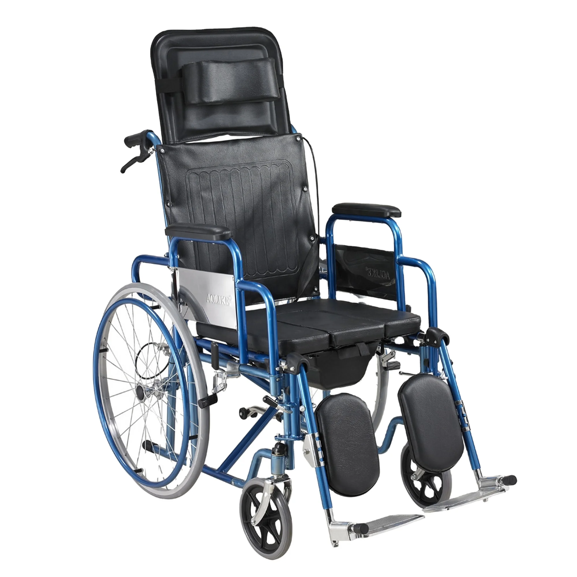 High Quality Steel Reclining High Back Toilet Commode Chair Manual Karma Wheelchair Foldable Function