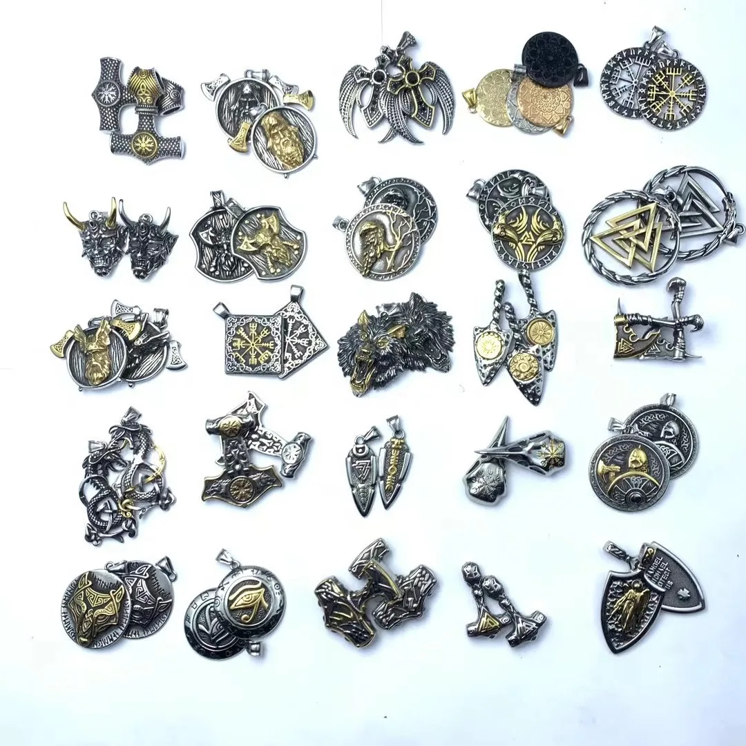 Custom Stainless Steel Vintage Gothic Jewelry Axe Cow Head Crown Lion Viking Rune Pendant for Jewelry  Accessories Making