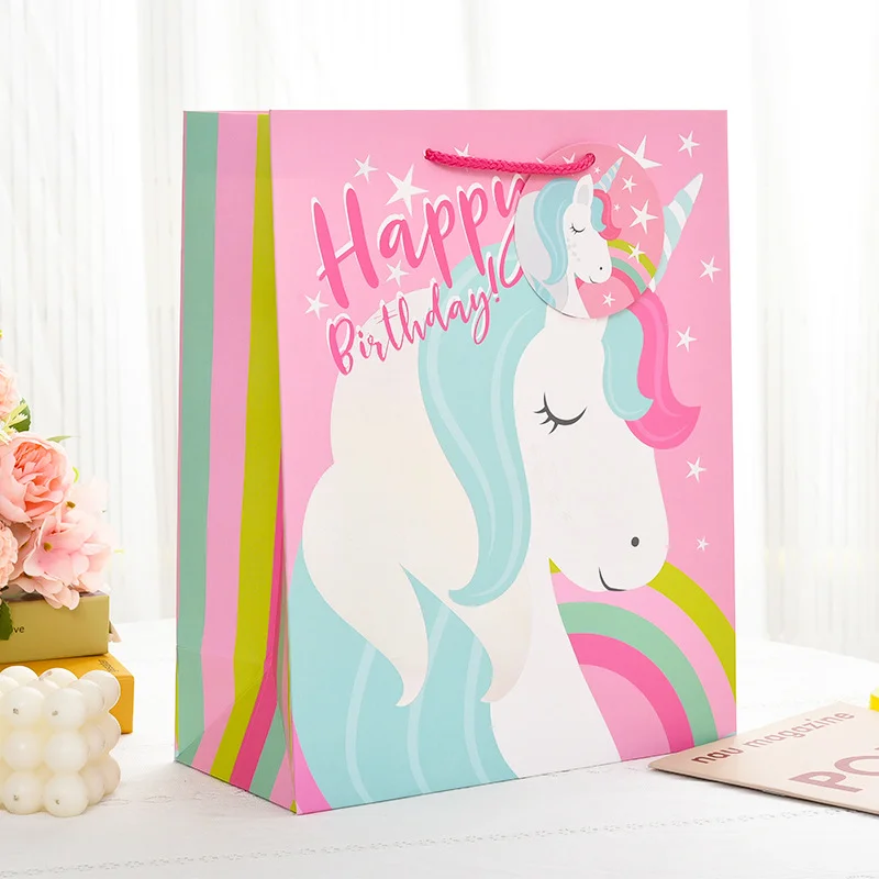 FSC Customizable wholesale unicorn printed eco friendly craft packaging bronzing white card tote paper happy birthday gift bag