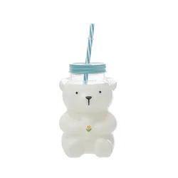 wholesale 550ml teddy bear shaped frosco vidrio glass bottle honey beer candy sugar glass jar with lug lid straw