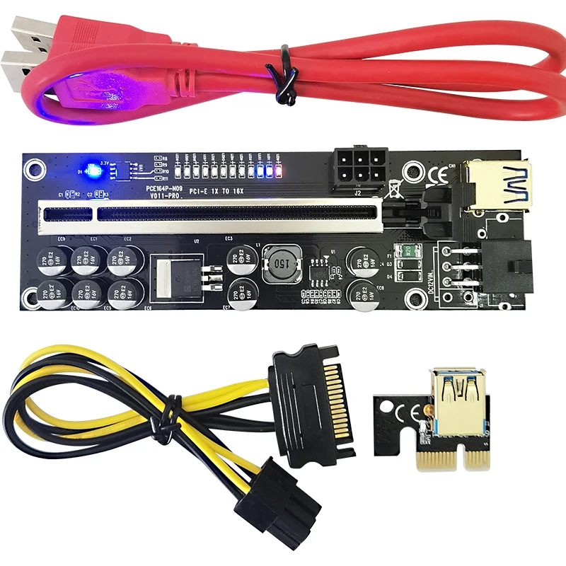 Черный Pci-e Райзер V011Pro PCIe 1X до 16X Райзер GPU Райзер карта 011pro Plus адаптер с 12 светодиодными лампами 10 конденсаторов GPU V011 pro