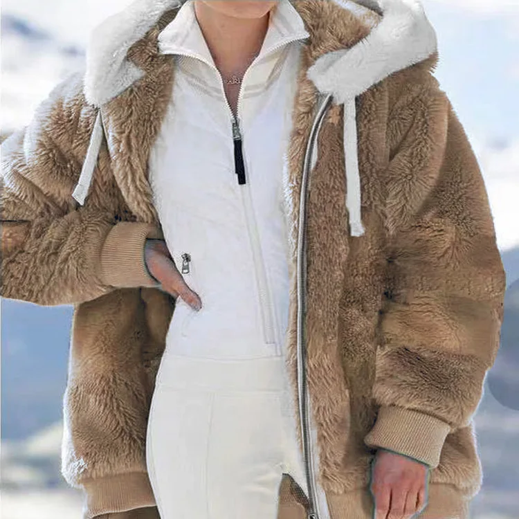 Hot sale women new autumn and winter loose plush zipper hooded coat