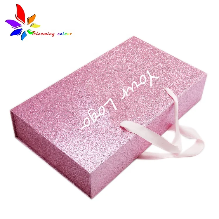 New arrival wholesale pink glitter foldable flat paper board magnetic package box with handle