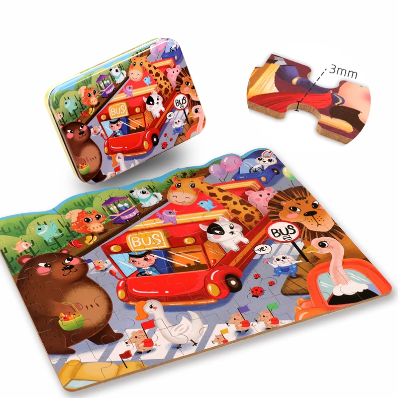 Custom Print Cute Cartoon Happy Animal Magic Plywood Jigsaw Puzzle Educational Toy