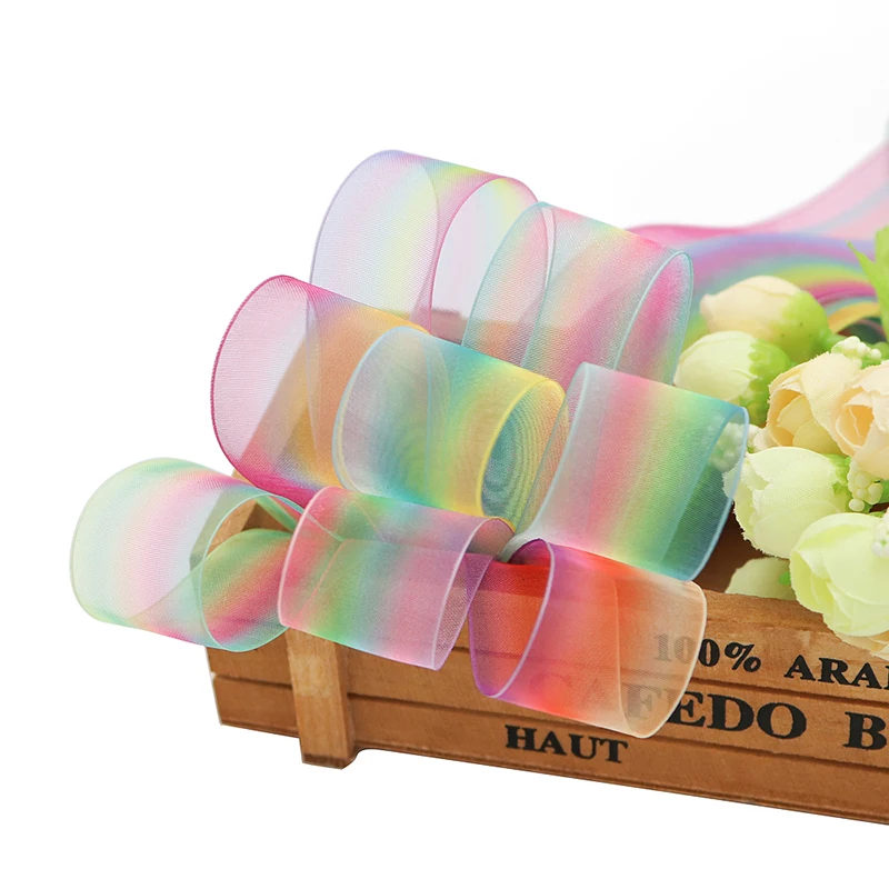 10y/bag 25mm Crafts Wedding Home Decoration DIY Craft Chiffon Ribbons Organza Rainbow Ribbon  P0711