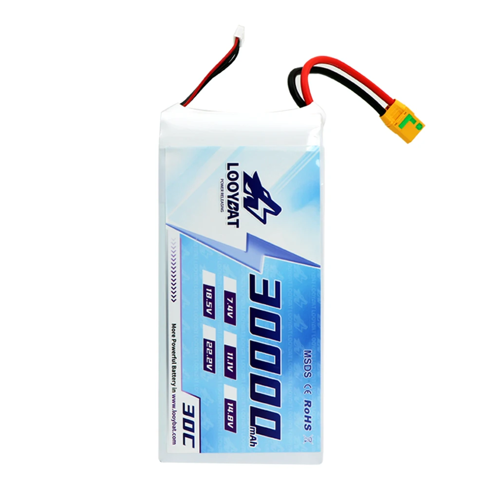 LOOYBAT Big Capacity 30000mAh 30Ah 6S 22.2V 15C 30C LCO RC LiPo Graphene Battery Packs For Drones RC Helicopters With AS150 XT90