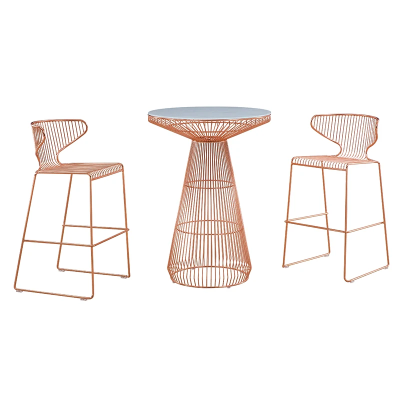 Wholesale temper glass top metal wire electroplate bar table with bar chairs