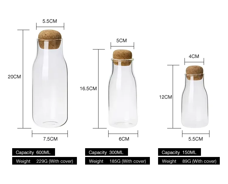 Multi capacity transparent airtight glass jars glass storage bottle cork food storage jars