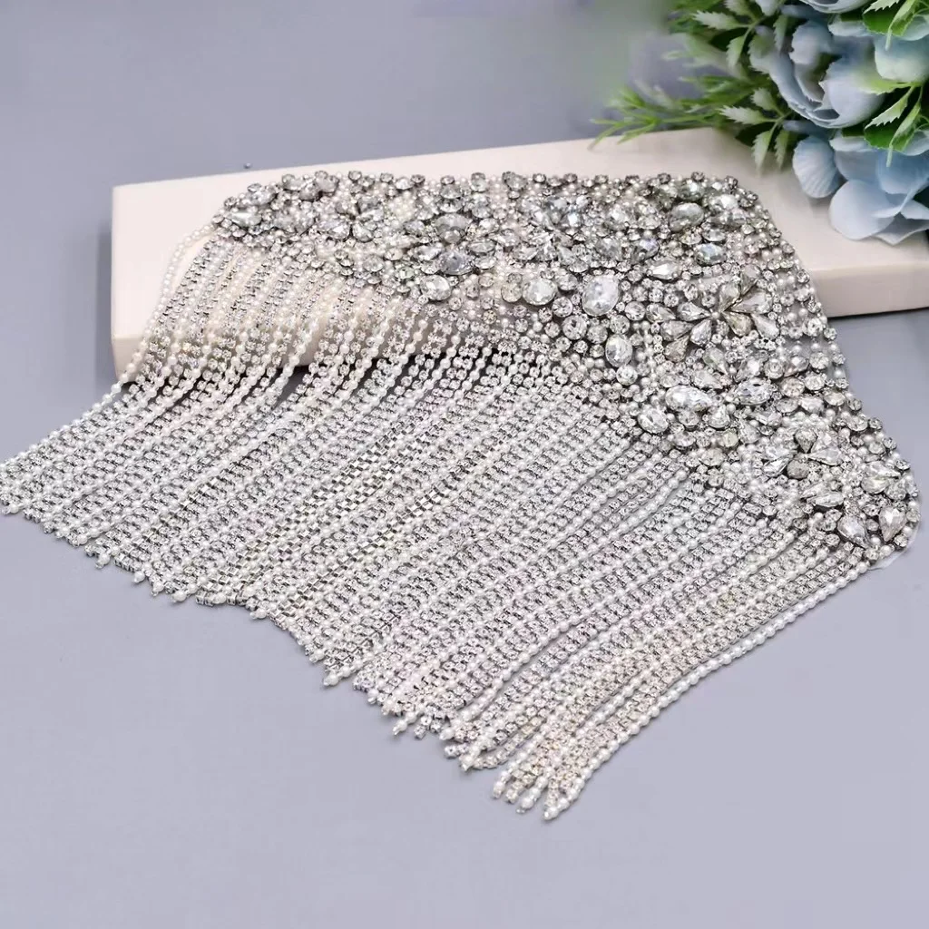 ZSY New arrival Luxury bridal rhinestone crystal fringe tassel shoulder fringe applique patch