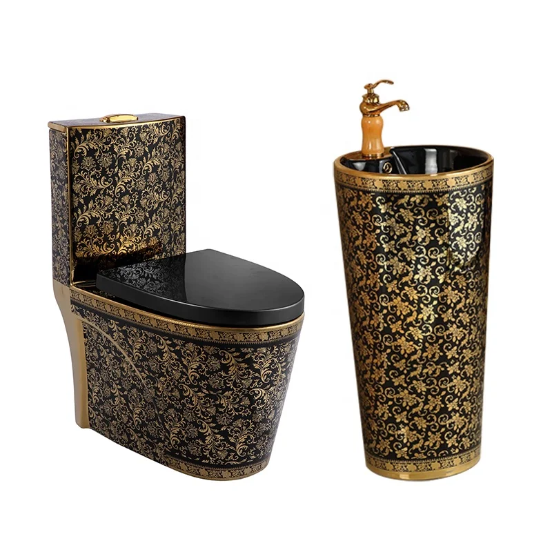 Luxury High Quality Black Gold Toilets Set Bathroom Toilet Sink Combo Basin Toilet
