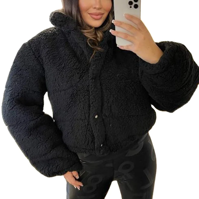 Women New Solid Faux Lamb Fur Coats Women Elegant Single Breasted Jackets Women Casual Long Sleeve Super Short Coats Ladies