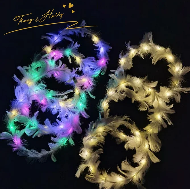 Tracy & Herry Hot Sale Wedding Holiday Party Wedding Bridesmaid Feather Headdress LED Fancy Crown Wreath Headband Hairband