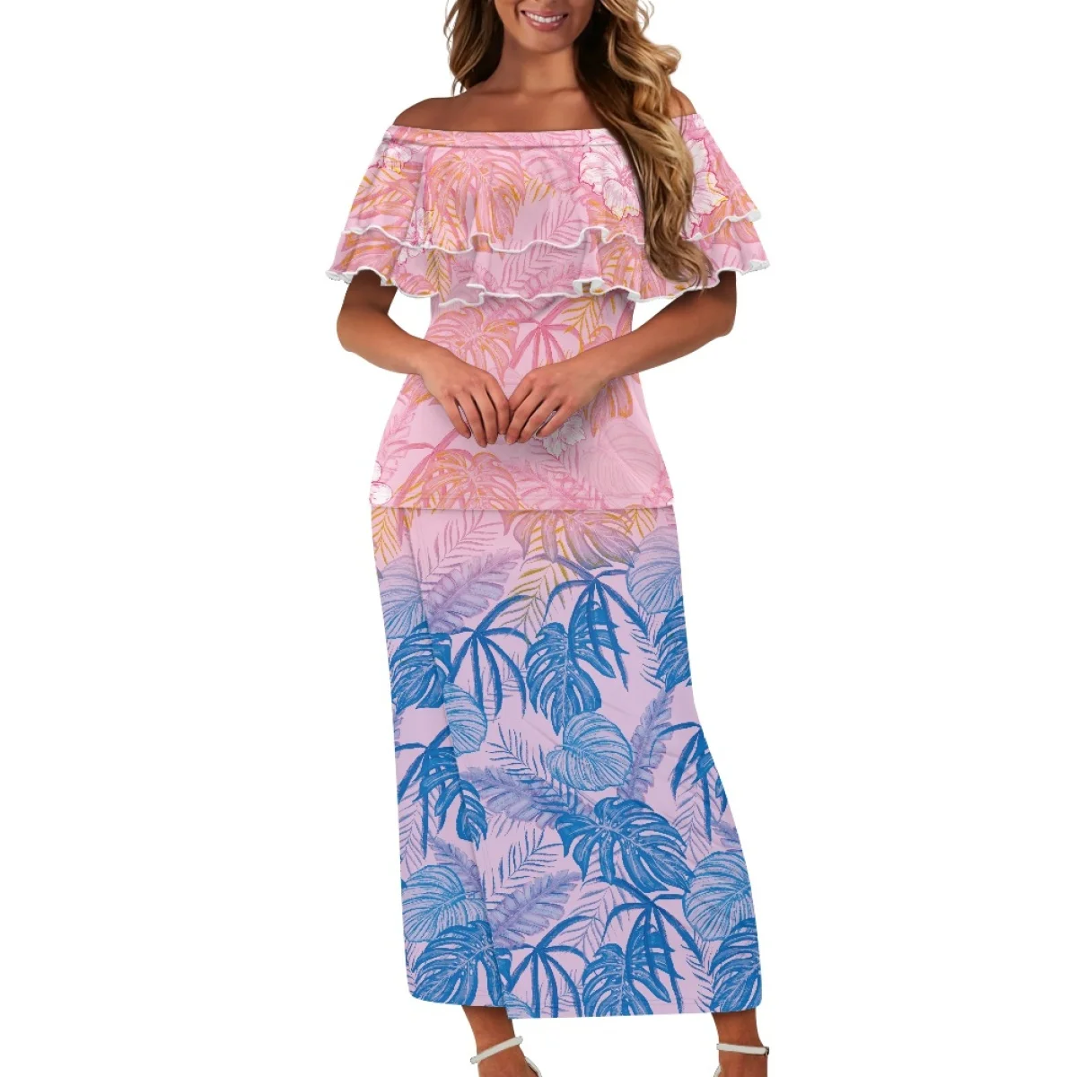 Polynesian New Designs Tribal clothing Off Shoulder Ruffles Samoan Puletasi Dresses Women Set Custom Pink Print Puletasi Samoa