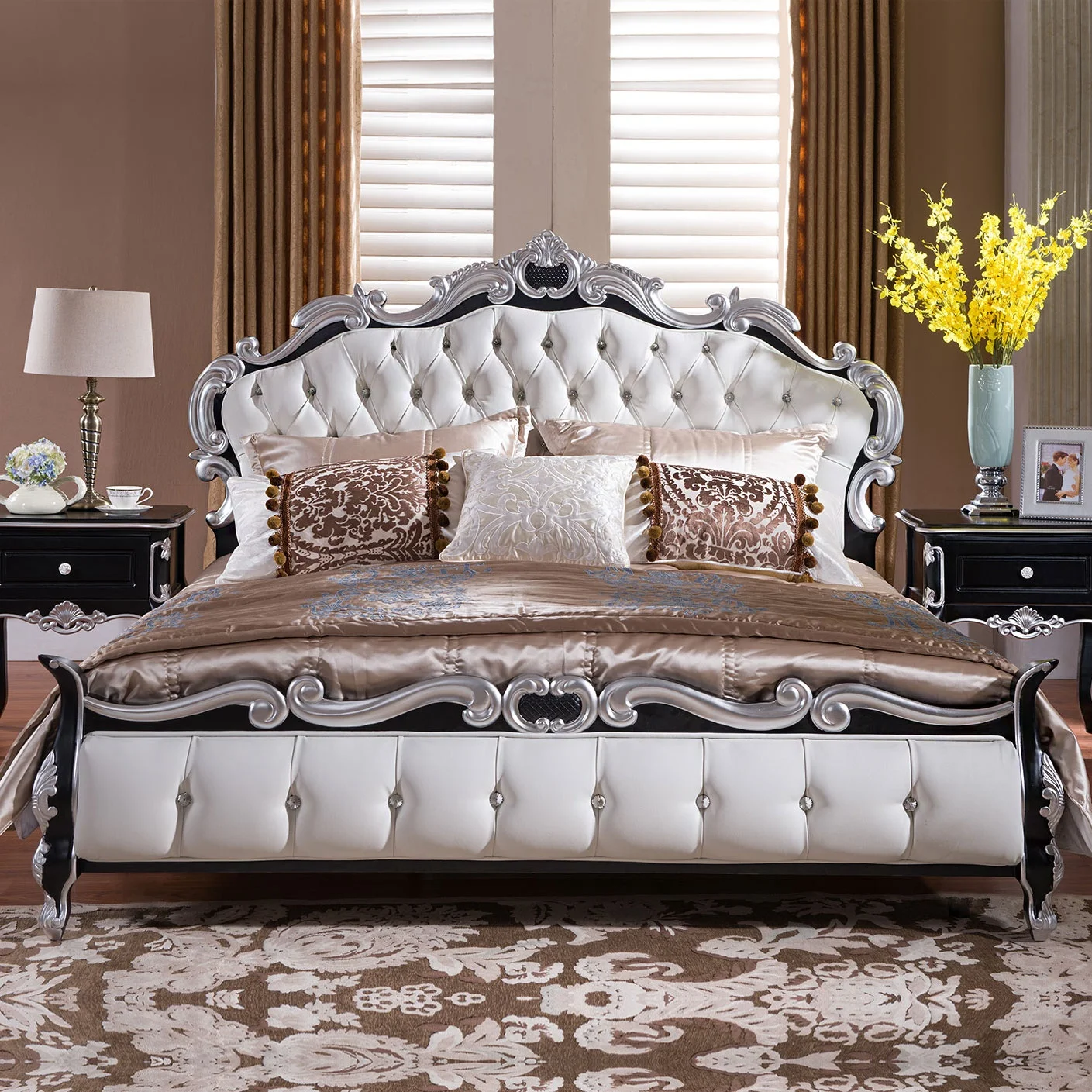 Antique Luxury King Bed European Solid Wood Furniture French Style Rococo Bedroom Set