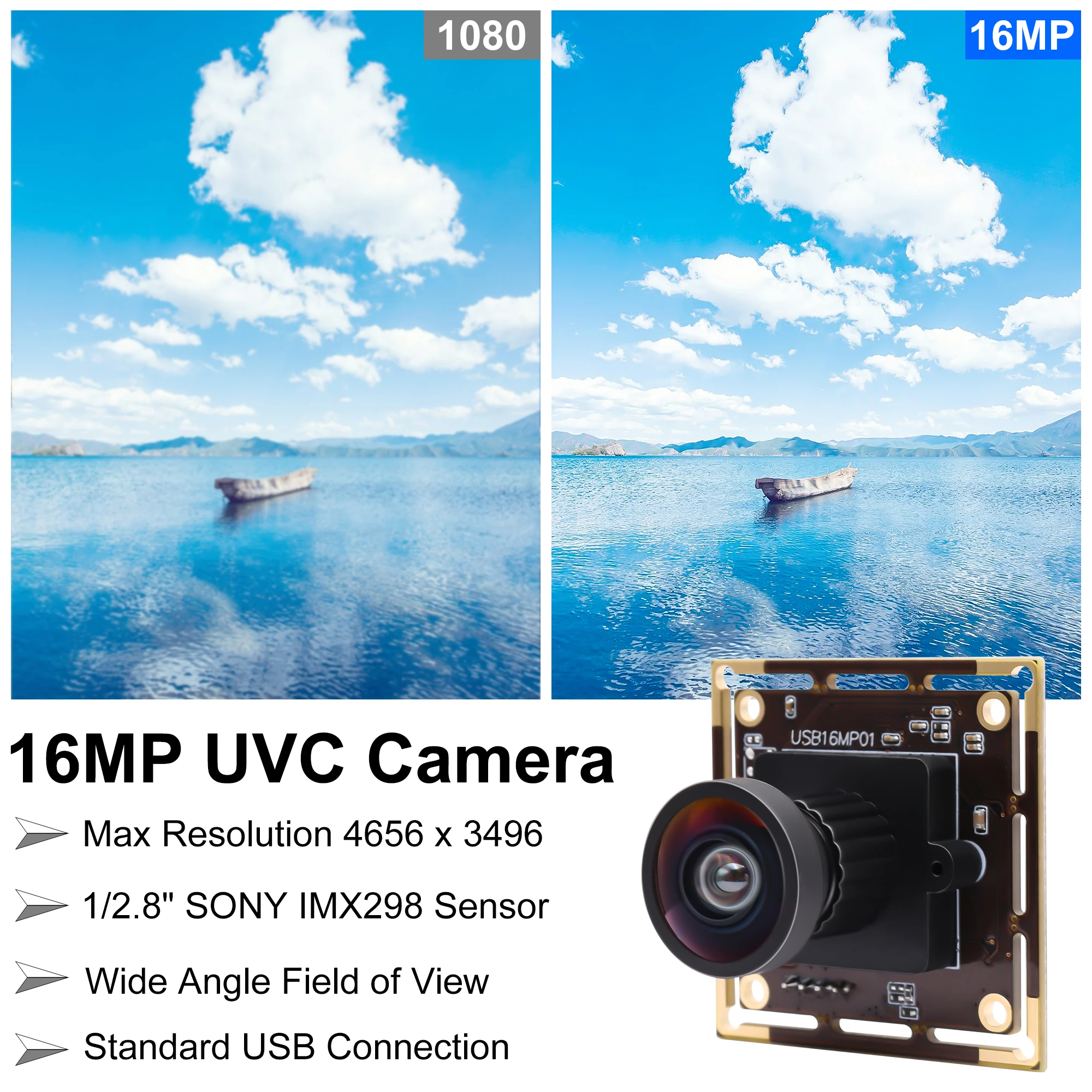 Wide Angle No Distortion 16MP Webcam Module IMX298 CMOS 4656x3496 Mini Board Size USB Camera with 1meter USB Cable for PC Pi