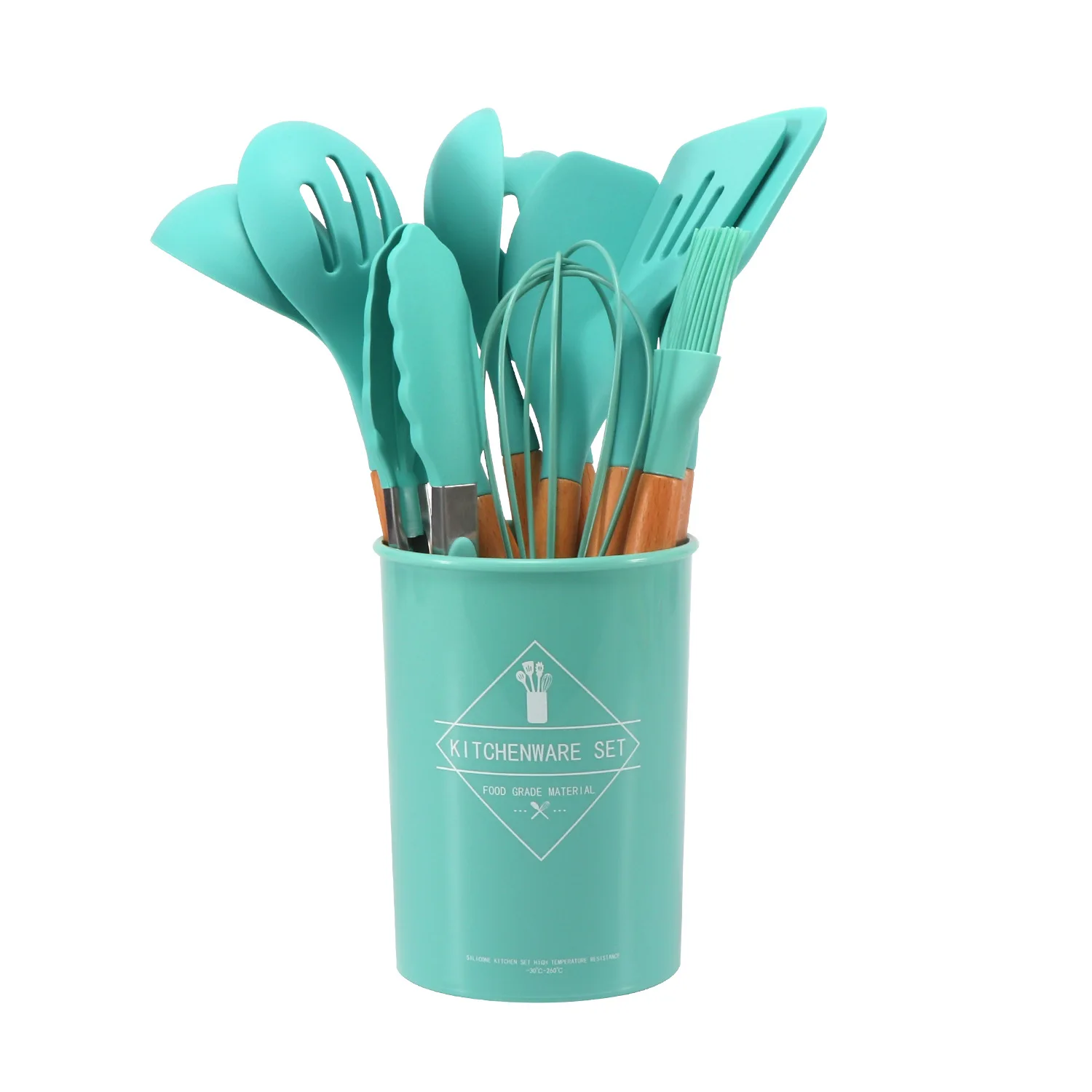 Colorful Silicone Cooking Utensils With Wooden Handle 12 Pieces Heat Resistant Silicone kitchen utensils Non-Stick Utensils Set