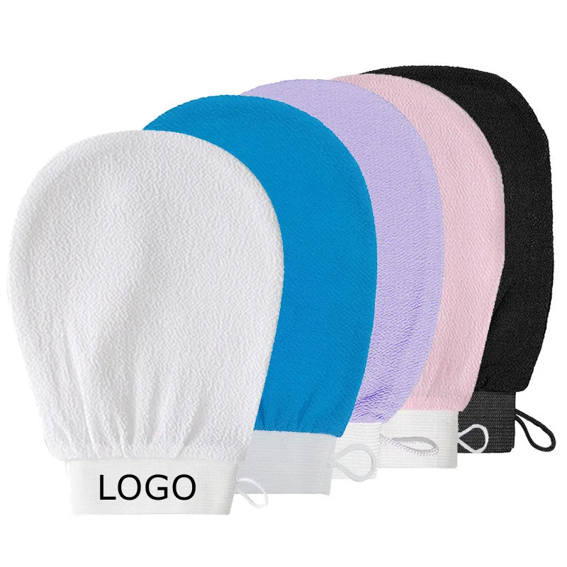 Customized Logo Pink and Purple Color Magic Skin Peeling Bath Gloves Body Exfoliating Gloves Dead Skin Remover
