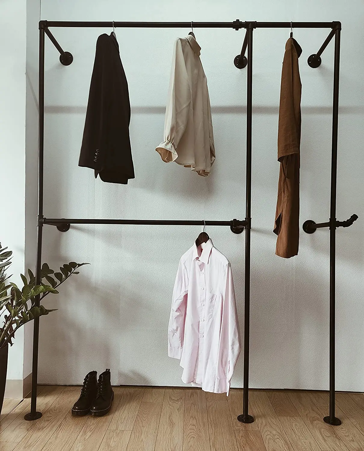 Industrial Iron Pipe Hanger DIY Wall Mounted Double Layer Clothes Hanger Heavy Duty Bedroom Hanger  wall mount coat rack