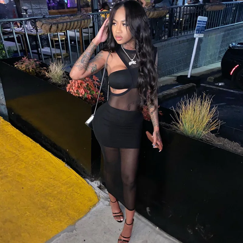 women see through sexy long dress black mesh bodycon party dresses female 3 piece set summer sleeve cut out vestidos