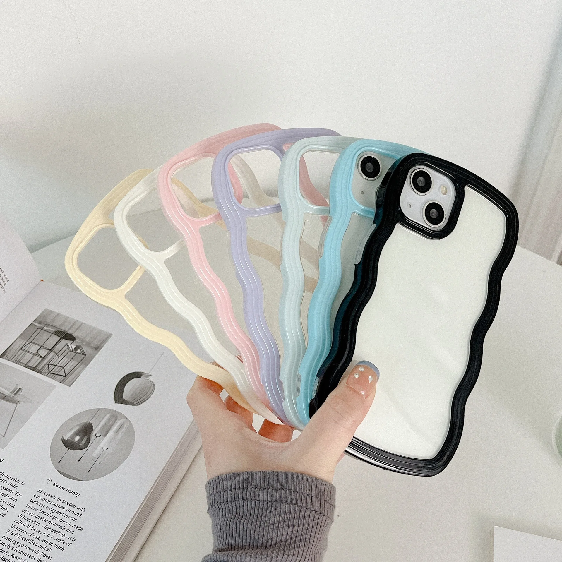 Ins style wave frame airbag anti drop transparent TPU phone case iphone 11 12 13 14 plus/pro/pro max